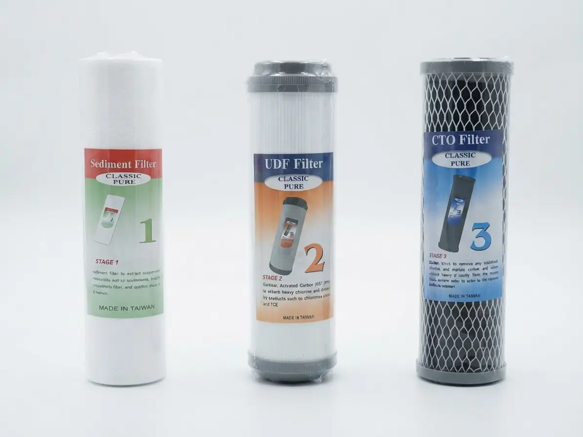 Classic Pure 3-stage replacement cartridge set: sediment, UDF, and CTO filters, made in Taiwan / طقم خراطيش استبدال كلاسيك بيور 3 مراحل: ترسيب، UDF، وفلتر CTO، صنع في تايوان