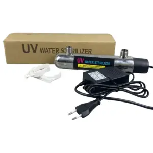 Stainless steel UV water sterilizer unit with mounting clip and power adapter / معقم مياه بالأشعة فوق البنفسجية من الستانلس ستيل مع مشبك تثبيت ومحول كهرباء